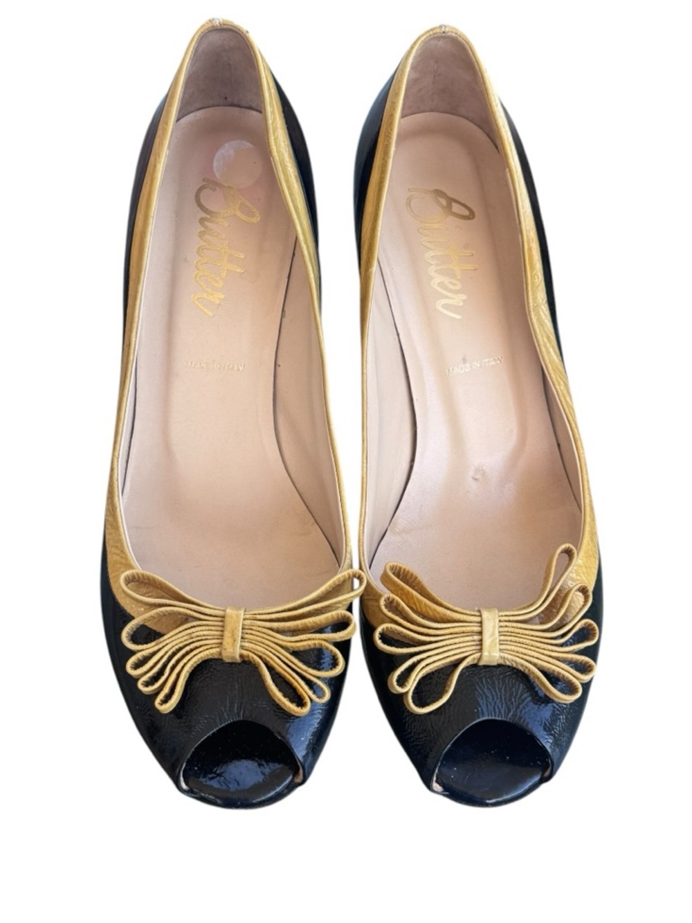 Butter Black Patent Peep-Toe Flats with Gold Trim and Bow